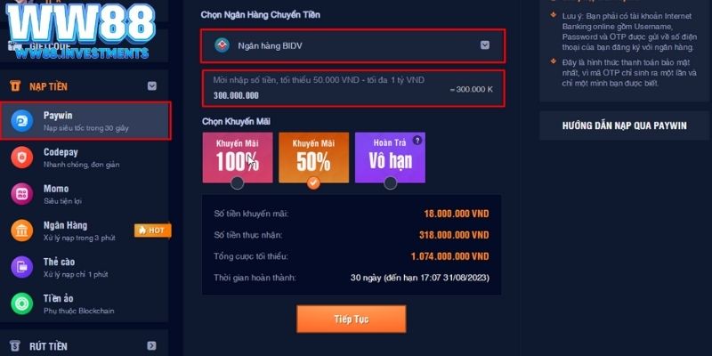 Các cách nạp tiền vào WW88 thông dụng